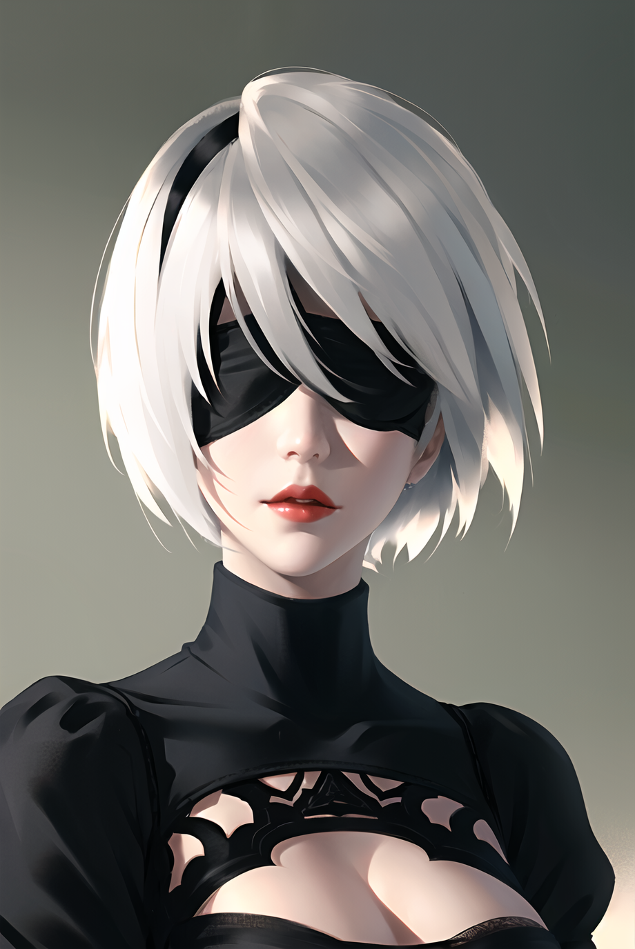 yorha no. 2 type b, 1girl, wlop, (blindfold), breasts, cleavage, cleavage cutout, clothing cutout, green background, hair ...
